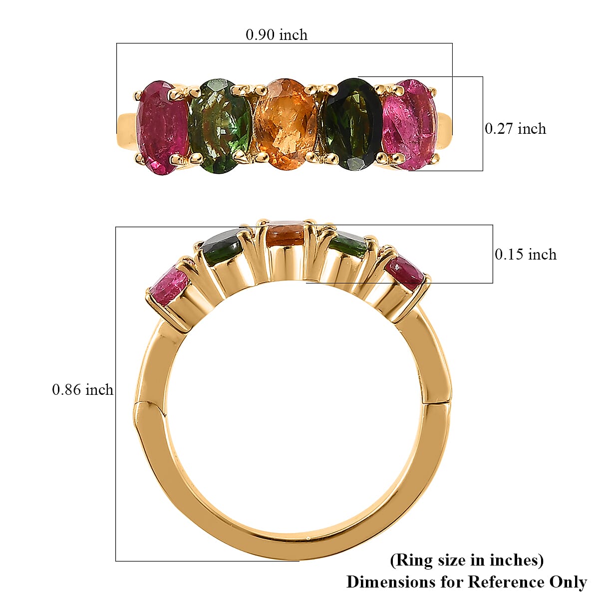 Multi-Tourmaline 5 Stone Arthritis Ring in Vermeil Yellow Gold Over Sterling Silver (Size 8.0) 2.00 ctw