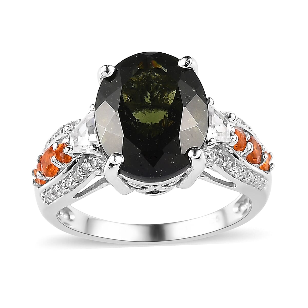 Premium Bohemian Moldavite and Multi Gemstone Ring in Platinum Over Sterling Silver 5.00 ctw image number 0
