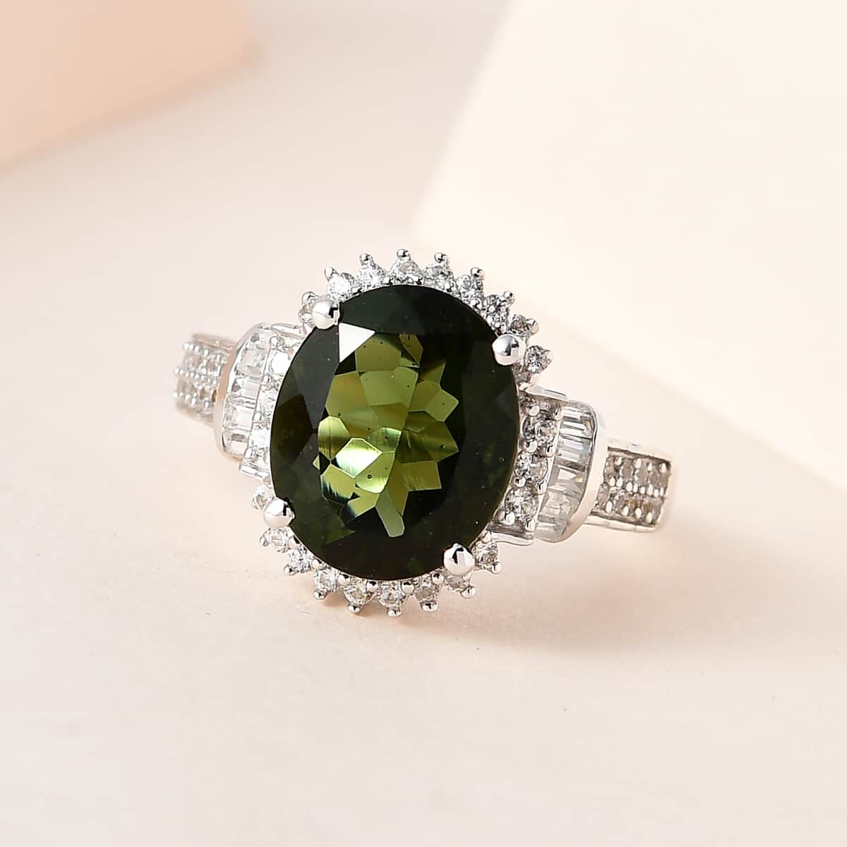 Premium Bohemian Moldavite and White Zircon Ring in Platinum Over Sterling Silver (Size 7.0) 4.90 ctw image number 1