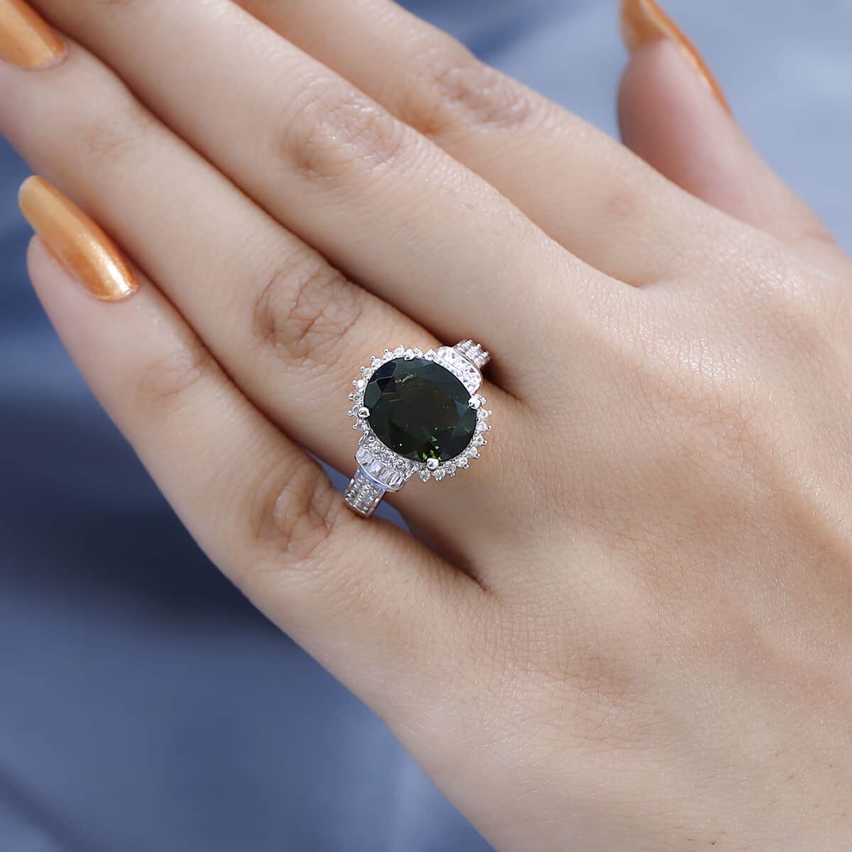 Premium Bohemian Moldavite and White Zircon Ring in Platinum Over Sterling Silver (Size 7.0) 4.90 ctw image number 2