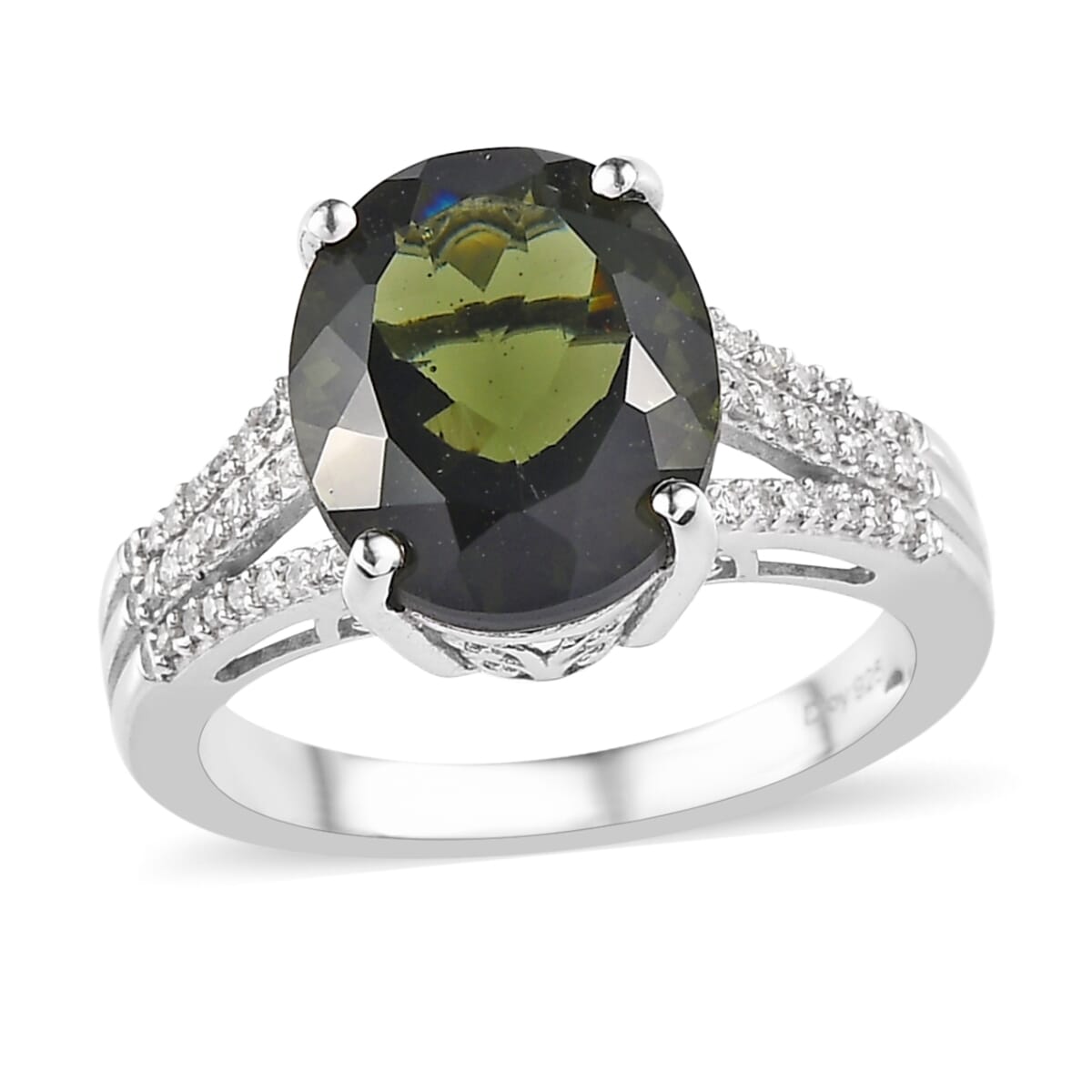 Premium Bohemian Moldavite, Diamond (0.15 cts) Split Shank Ring in Platinum Over Sterling Silver (Size 6.0) 4.25 ctw image number 0