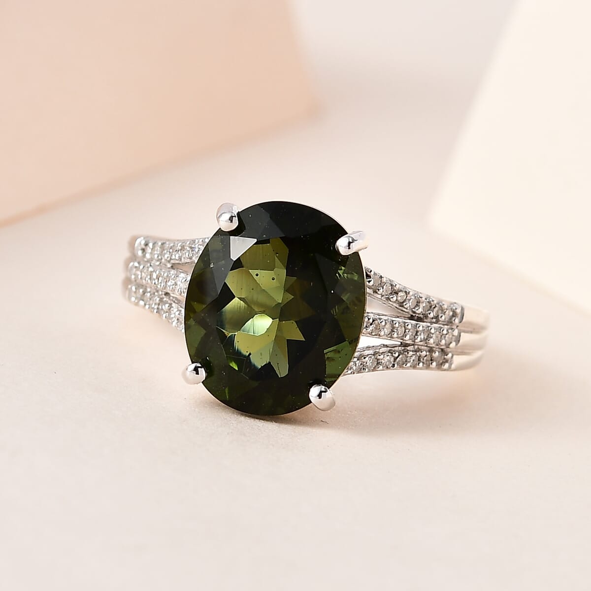 Premium Bohemian Moldavite, Diamond (0.15 cts) Split Shank Ring in Platinum Over Sterling Silver (Size 6.0) 4.25 ctw image number 1