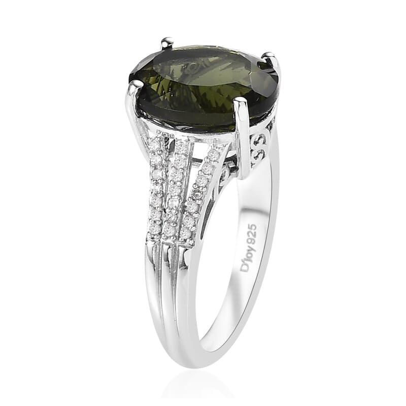 Premium Bohemian Moldavite and Diamond Split Shank Ring in Platinum Over Sterling Silver (Size 6.0) 4.25 ctw