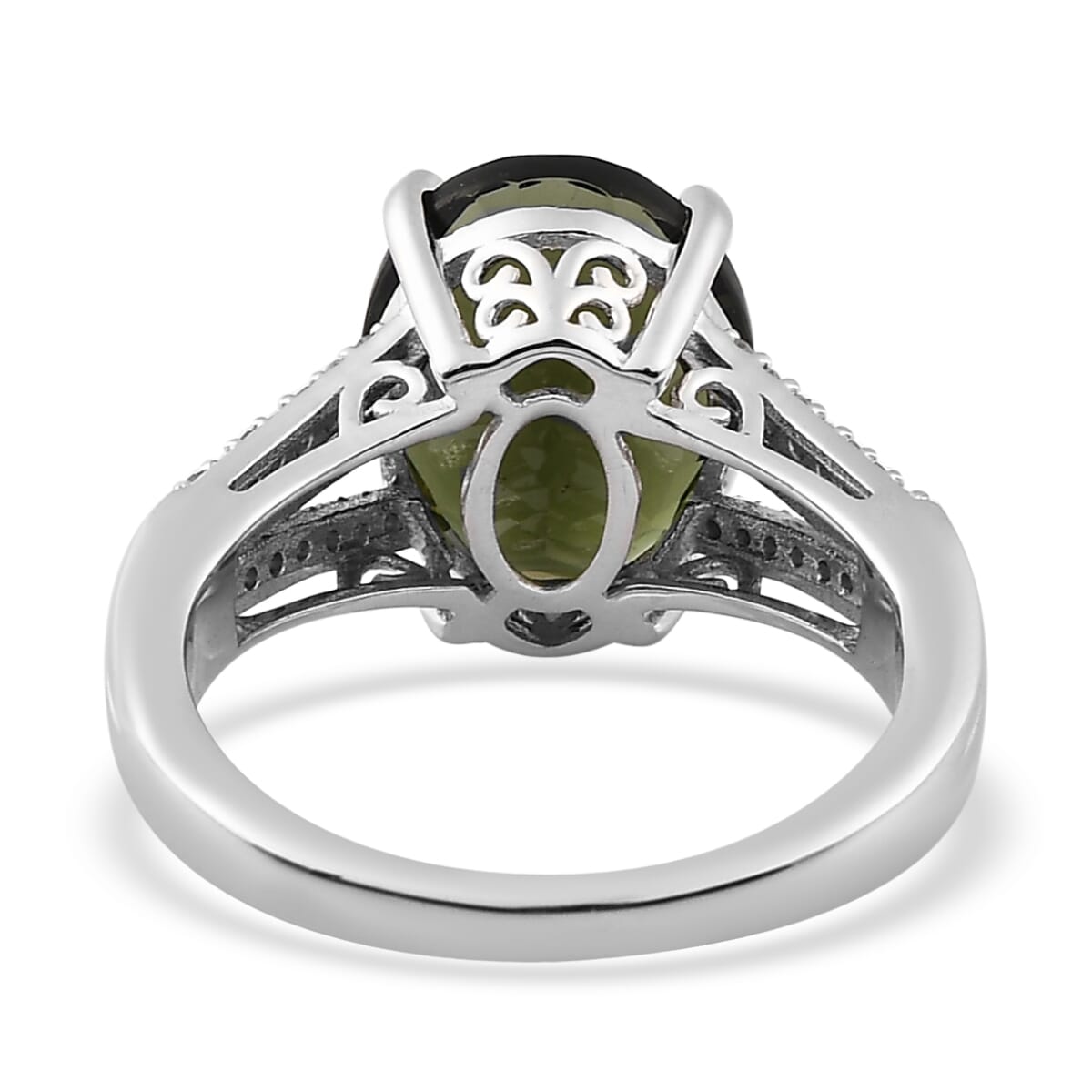 Premium Bohemian Moldavite, Diamond (0.15 cts) Split Shank Ring in Platinum Over Sterling Silver (Size 6.0) 4.25 ctw image number 4