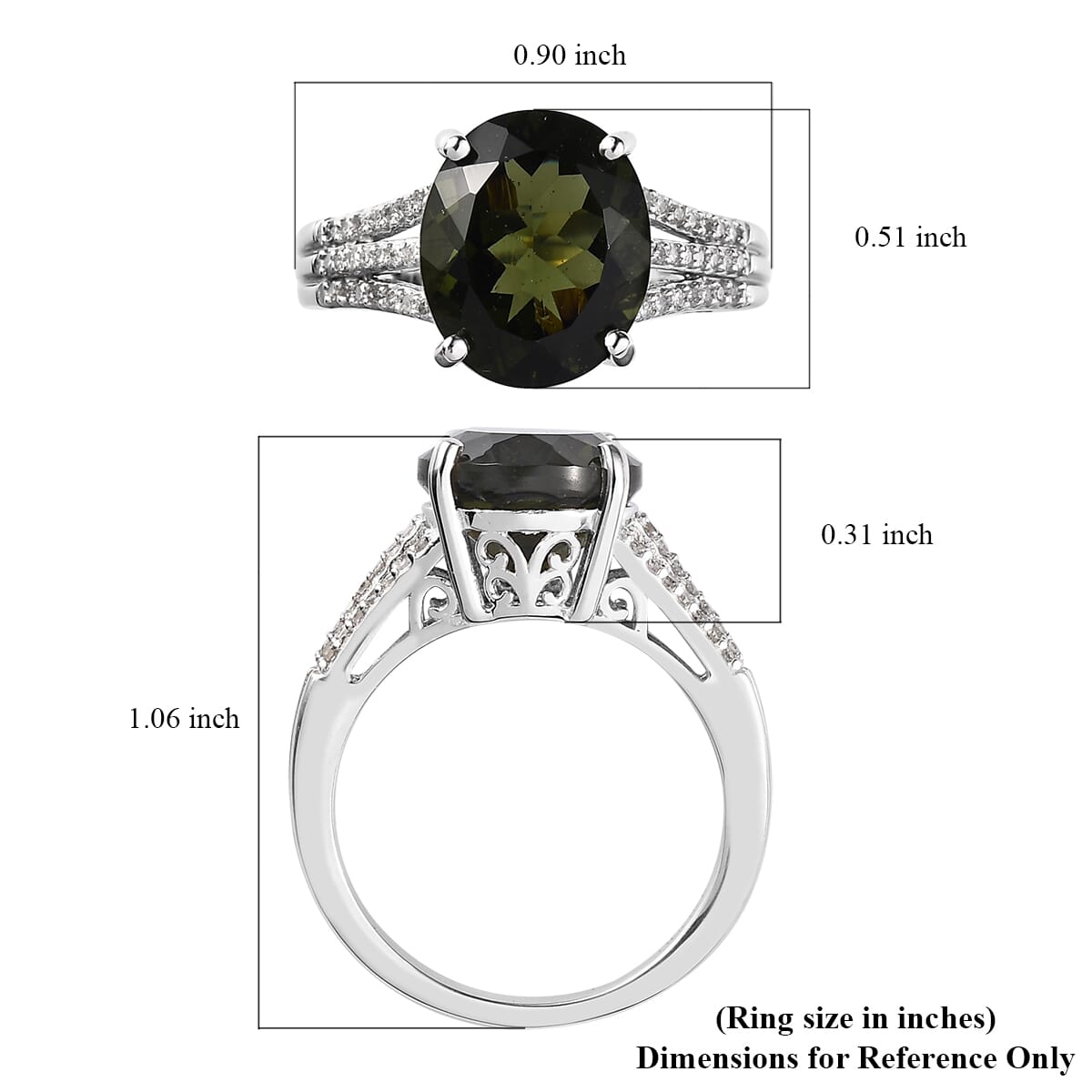 Premium Bohemian Moldavite, Diamond (0.15 cts) Split Shank Ring in Platinum Over Sterling Silver (Size 6.0) 4.25 ctw image number 5