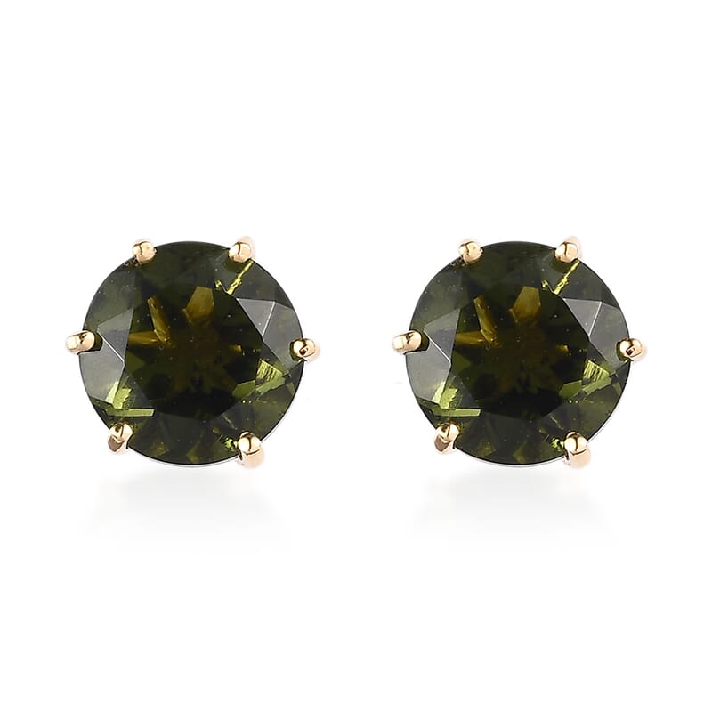 Premium Bohemian Moldavite Stud Earrings in Vermeil Yellow Gold Over Sterling Silver 3.35 ctw