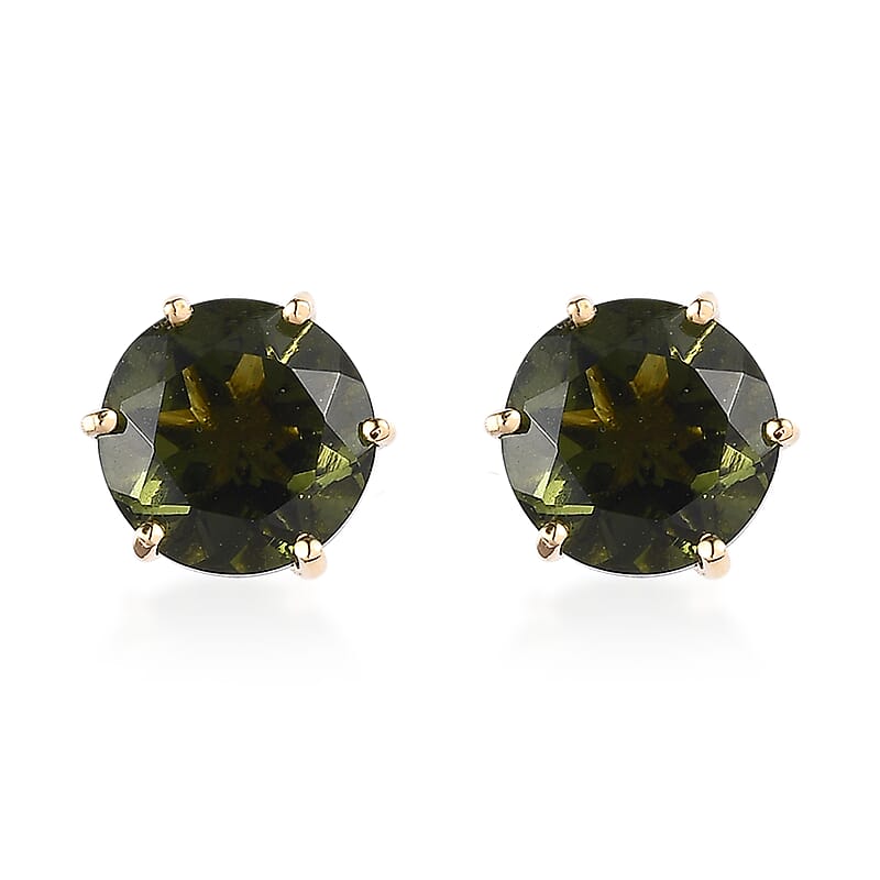 Premium Bohemian Moldavite Stud Earrings in Vermeil Yellow Gold Over Sterling Silver 3.35 ctw