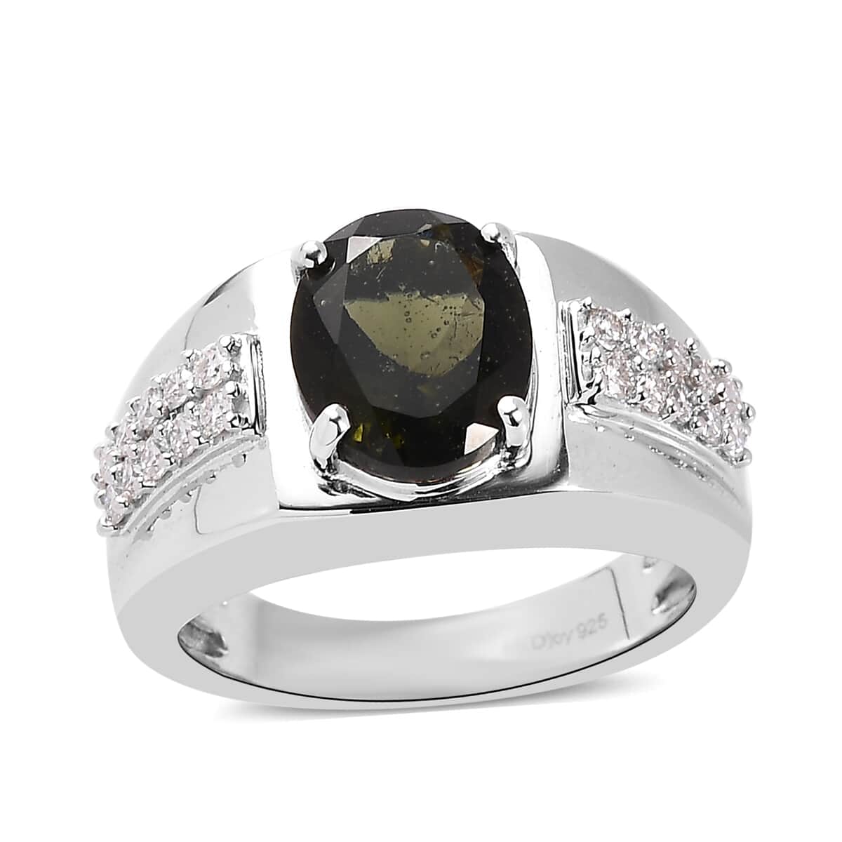 Premium Bohemian Moldavite and Moissanite Men's Ring in Platinum Over Sterling Silver 3.35 ctw image number 0