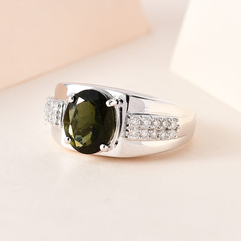 Premium Bohemian Moldavite and Moissanite Men's Ring in Platinum Over Sterling Silver (Size 10.0) 3.35 ctw