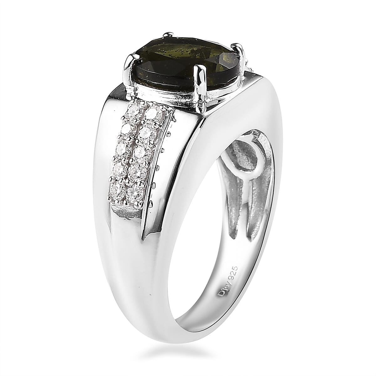 Premium Bohemian Moldavite and Moissanite Men's Ring in Platinum Over Sterling Silver (Size 10.0) 3.35 ctw