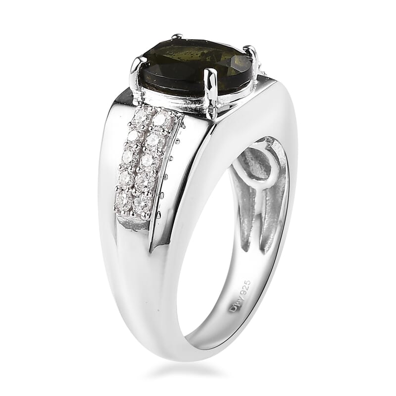 Premium Bohemian Moldavite and Moissanite Men's Ring in Platinum Over Sterling Silver (Size 10.0) 3.35 ctw