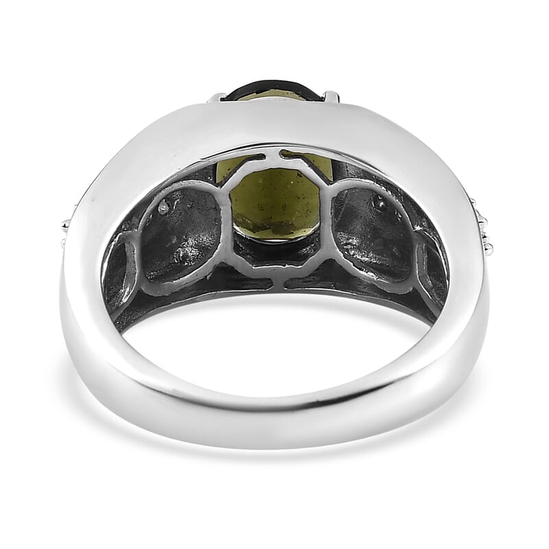 Premium Bohemian Moldavite and Moissanite Men's Ring in Platinum Over Sterling Silver (Size 10.0) 3.35 ctw