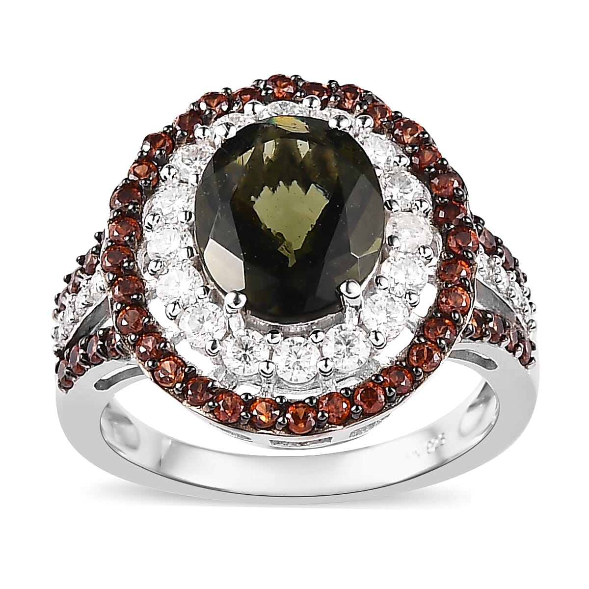 Premium Bohemian Moldavite, Multi Gemstone Double Halo Ring in Rhodium and Platinum Over Sterling Silver (Size 10.0) 3.90 ctw