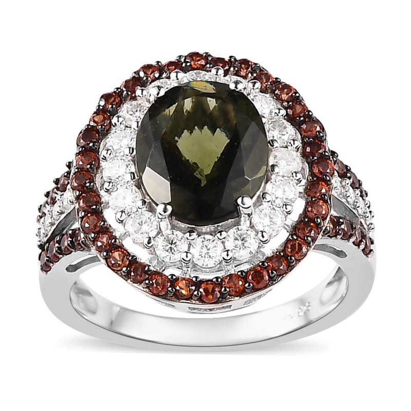 Premium Bohemian Moldavite, Multi Gemstone Double Halo Ring in Rhodium and Platinum Over Sterling Silver (Size 10.0) 3.90 ctw