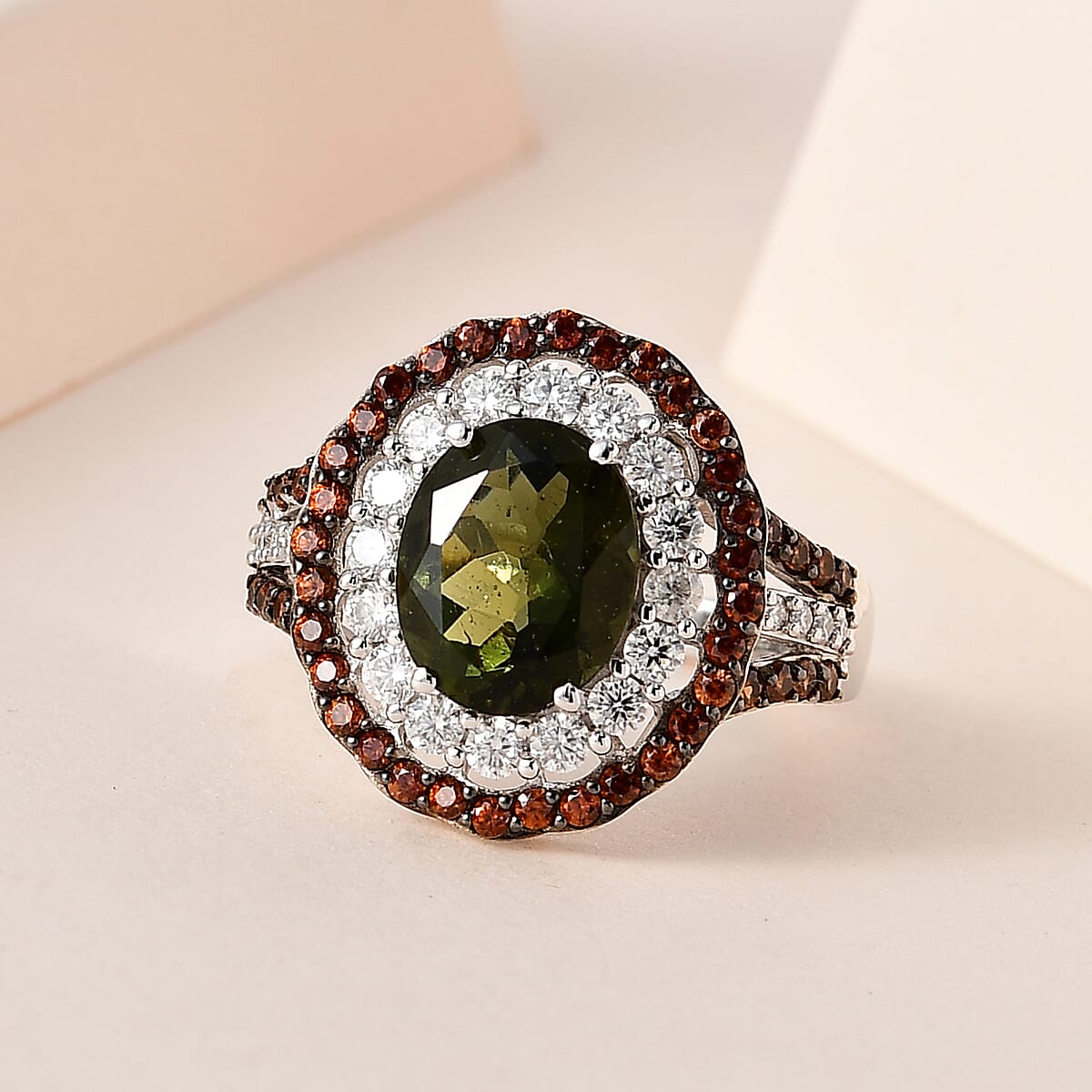Premium Bohemian Moldavite, Multi Gemstone Double Halo Ring in Rhodium and Platinum Over Sterling Silver 3.90 ctw image number 1