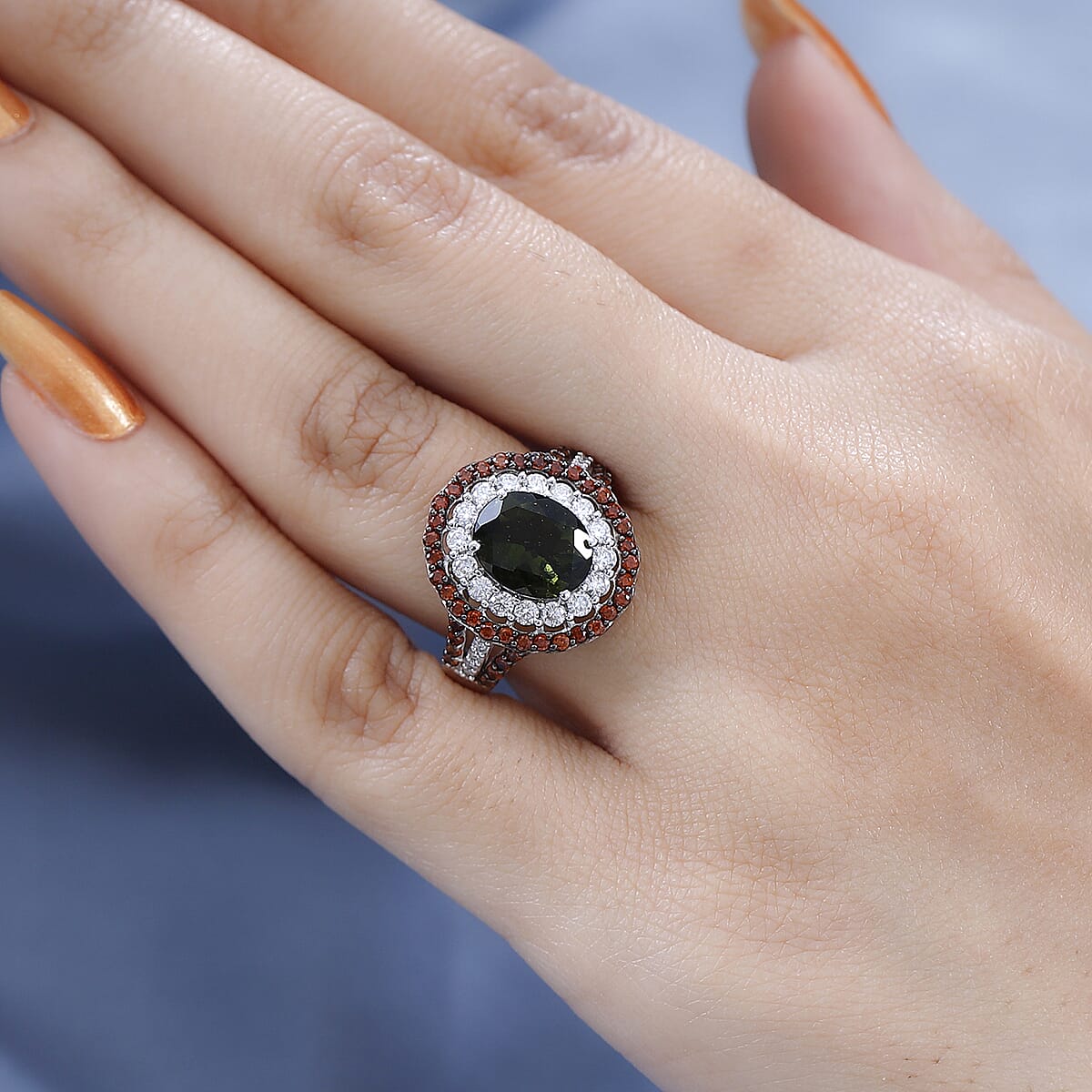 Premium Bohemian Moldavite, Multi Gemstone Double Halo Ring in Rhodium and Platinum Over Sterling Silver 3.90 ctw image number 2