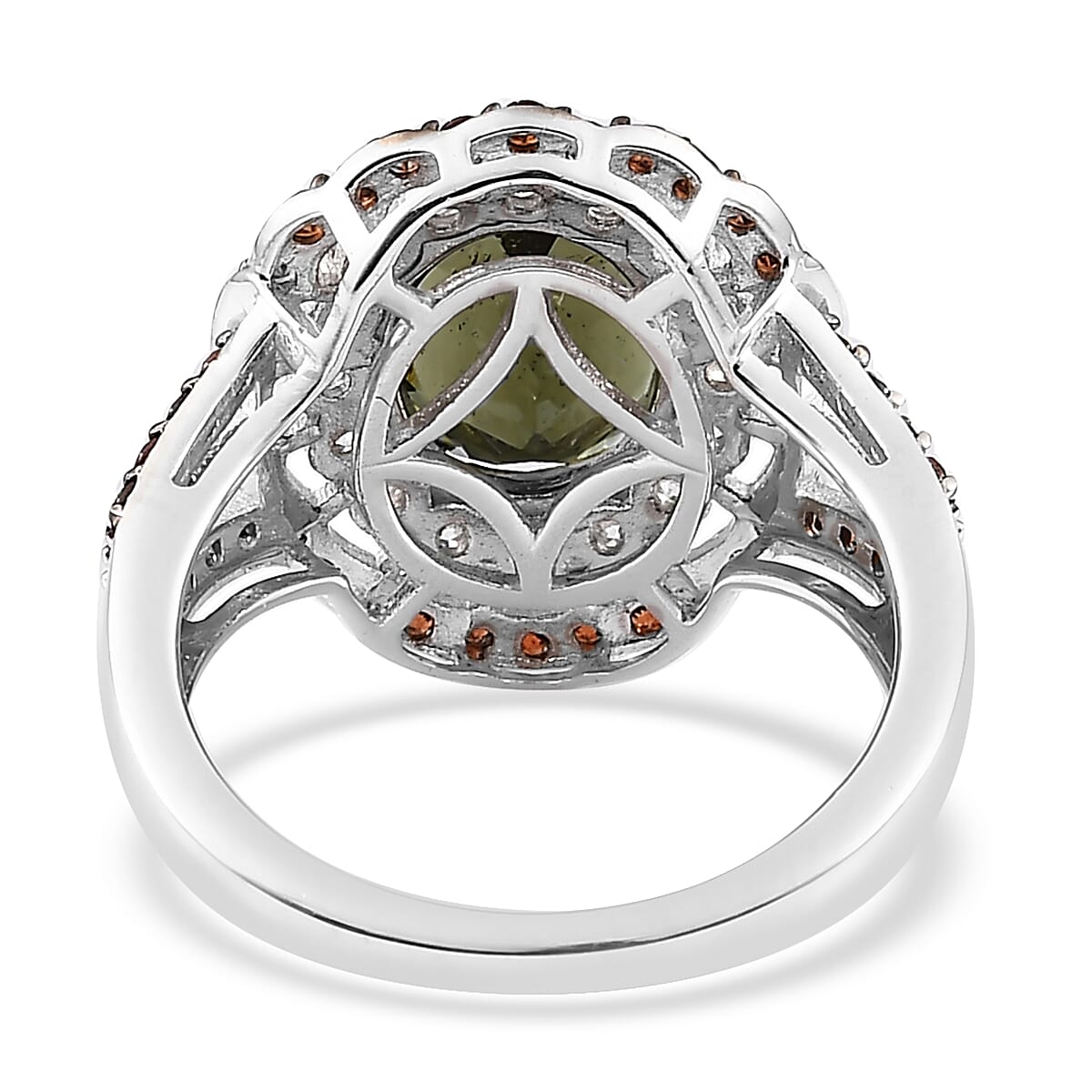 Premium Bohemian Moldavite, Multi Gemstone Double Halo Ring in Rhodium and Platinum Over Sterling Silver (Size 10.0) 3.90 ctw