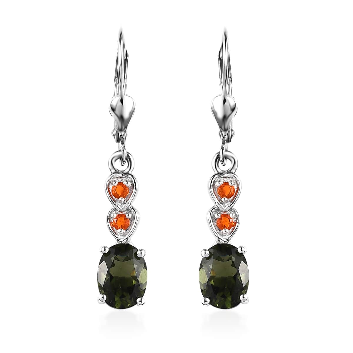 Premium Bohemian Moldavite and Fire Opal Dangling Earrings in Platinum Over Sterling Silver 2.15 ctw image number 0
