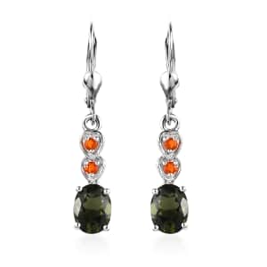 Premium Bohemian Moldavite and Fire Opal Dangling Earrings in Platinum Over Sterling Silver 2.15 ctw