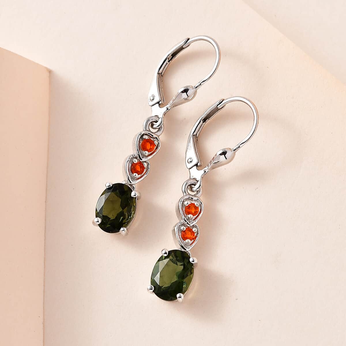 Premium Bohemian Moldavite and Fire Opal Dangling Earrings in Platinum Over Sterling Silver 2.15 ctw image number 1