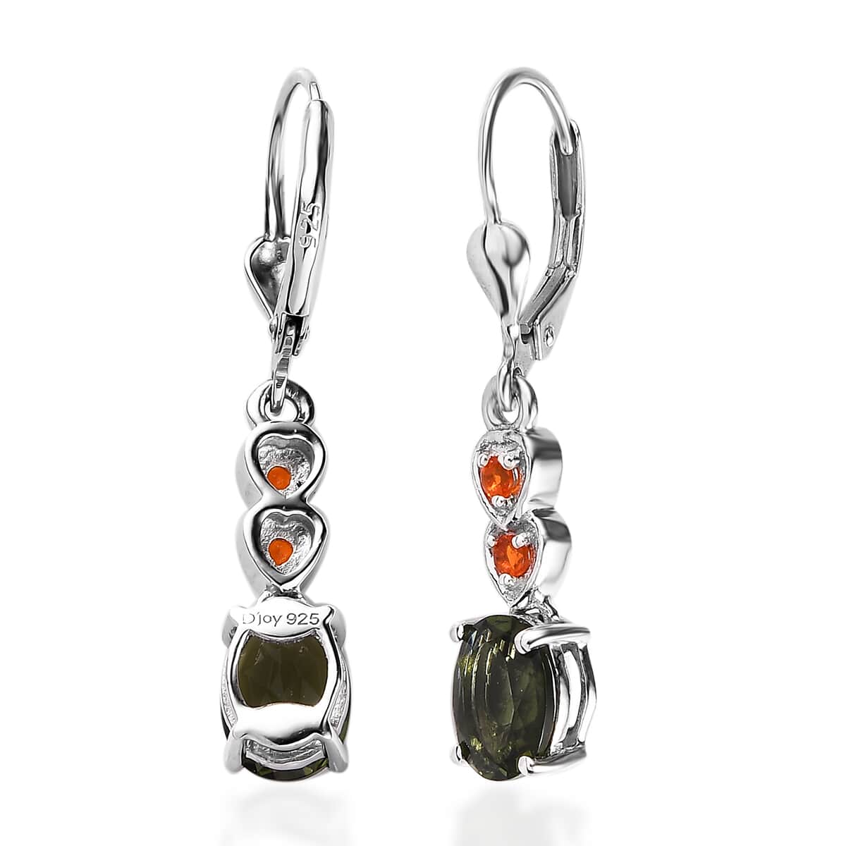 Premium Bohemian Moldavite and Fire Opal Dangling Earrings in Platinum Over Sterling Silver 2.15 ctw image number 3