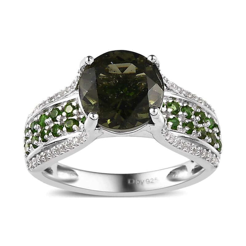 Premium Bohemian Moldavite and Multi Gemstone Bridge Ring in Platinum Over Sterling Silver (Size 10.0) 3.10 ctw