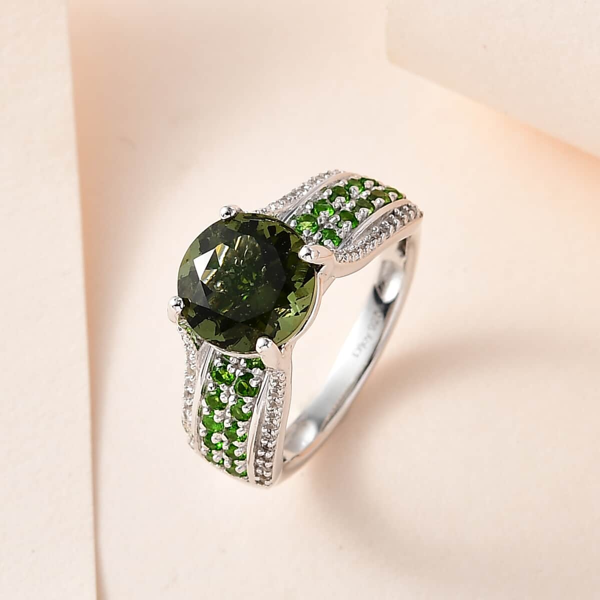 Premium Bohemian Moldavite and Multi Gemstone Bridge Ring in Platinum Over Sterling Silver 3.10 ctw image number 1