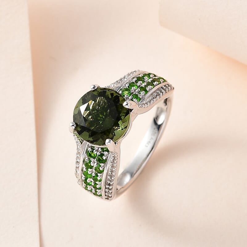Premium Bohemian Moldavite and Multi Gemstone Bridge Ring in Platinum Over Sterling Silver (Size 10.0) 3.10 ctw