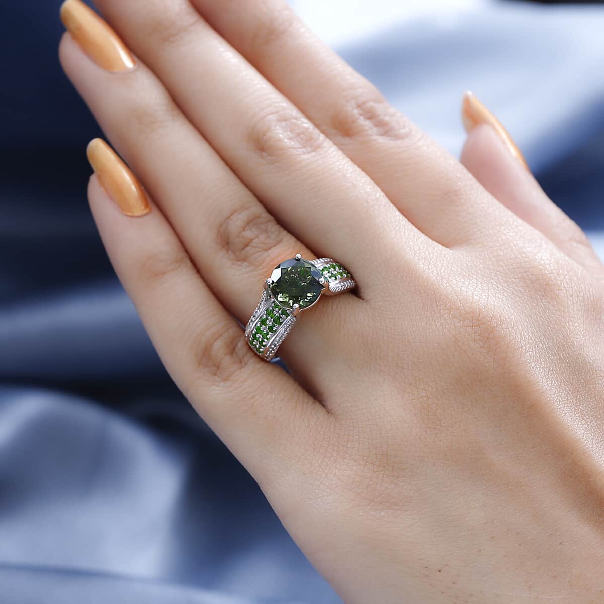 Premium Bohemian Moldavite and Multi Gemstone Bridge Ring in Platinum Over Sterling Silver 3.10 ctw image number 2