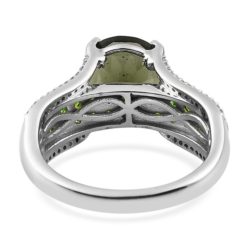 Premium Bohemian Moldavite and Multi Gemstone Bridge Ring in Platinum Over Sterling Silver (Size 10.0) 3.10 ctw