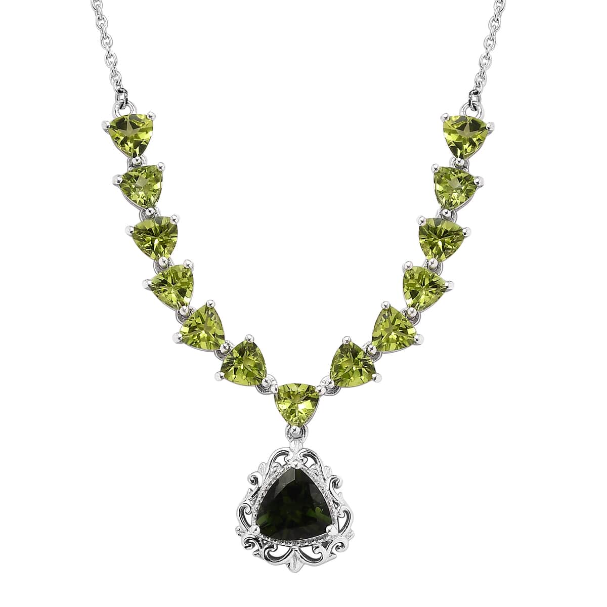 Premium Bohemian Moldavite and Peridot Necklace 18 Inches in Platinum Over Sterling Silver 7.60 ctw image number 0