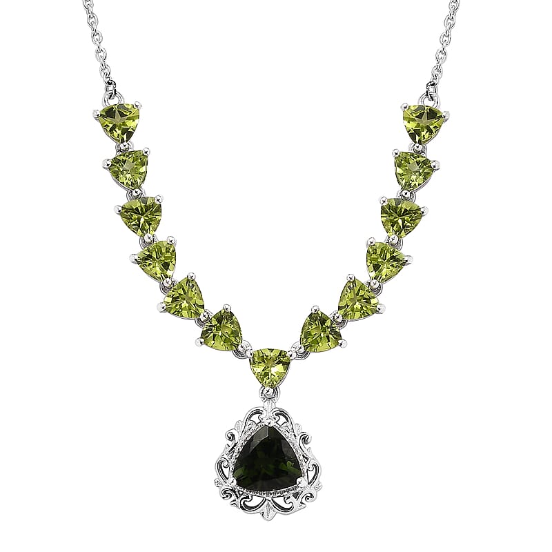 Premium Bohemian Moldavite and Peridot Necklace 18 Inches in Platinum Over Sterling Silver 7.60 ctw