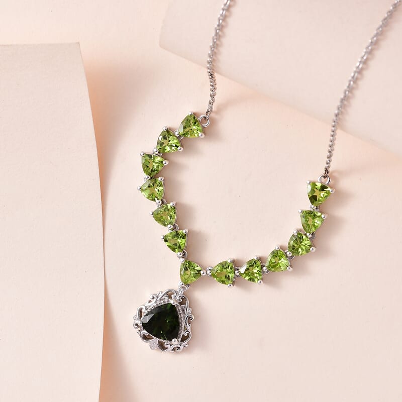 Premium Bohemian Moldavite and Peridot Necklace 18 Inches in Platinum Over Sterling Silver 7.60 ctw