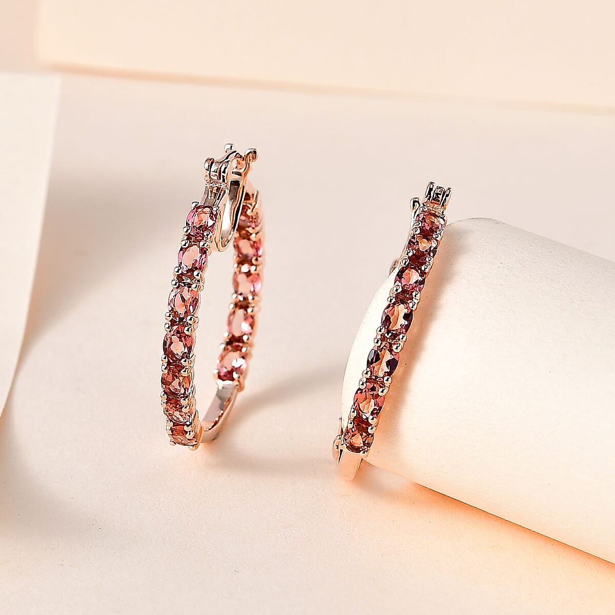 Premium Blush Tourmaline Hoop Earrings in Vermeil Rose Gold Over Sterling Silver 3.65 ctw image number 1