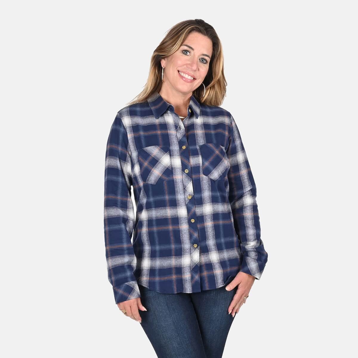 Victory Sportswear Blue and White Plaid Pattern Cotton Flannel Shirt - L image number 3