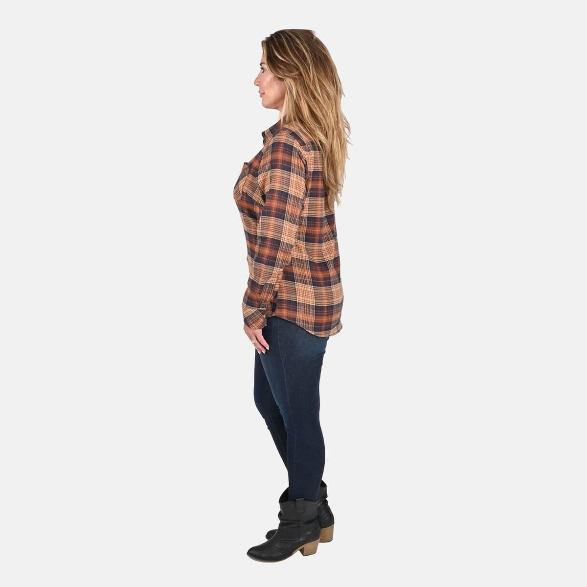 Victory Sportswear Tan and Black Plaid Pattern Cotton Flannel Shirt - S image number 2