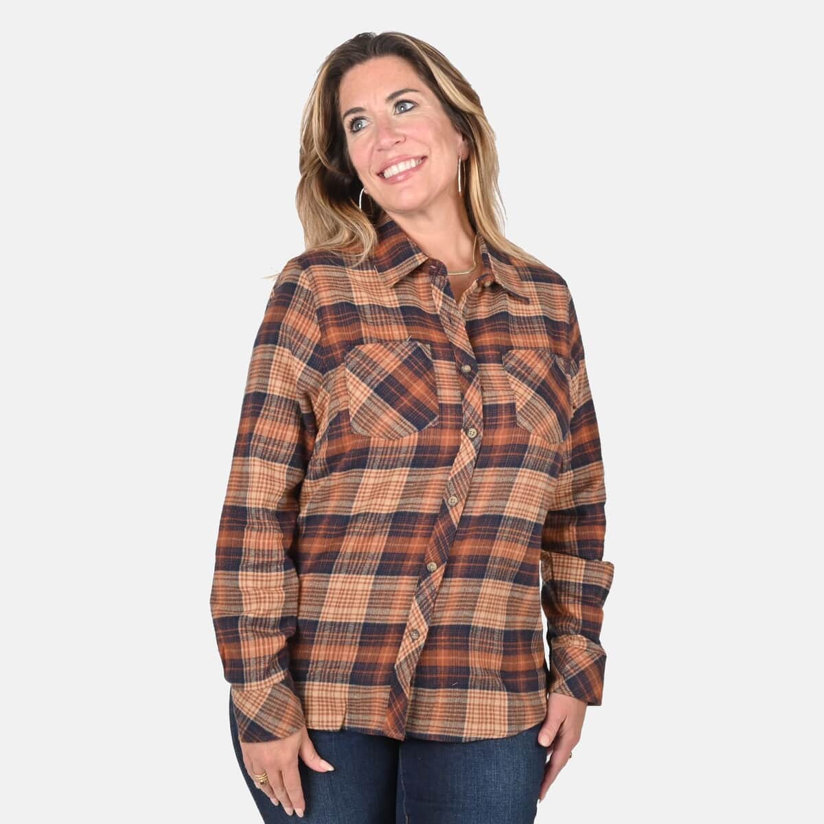 Victory Sportswear Tan and Black Plaid Pattern Cotton Flannel Shirt - S image number 3