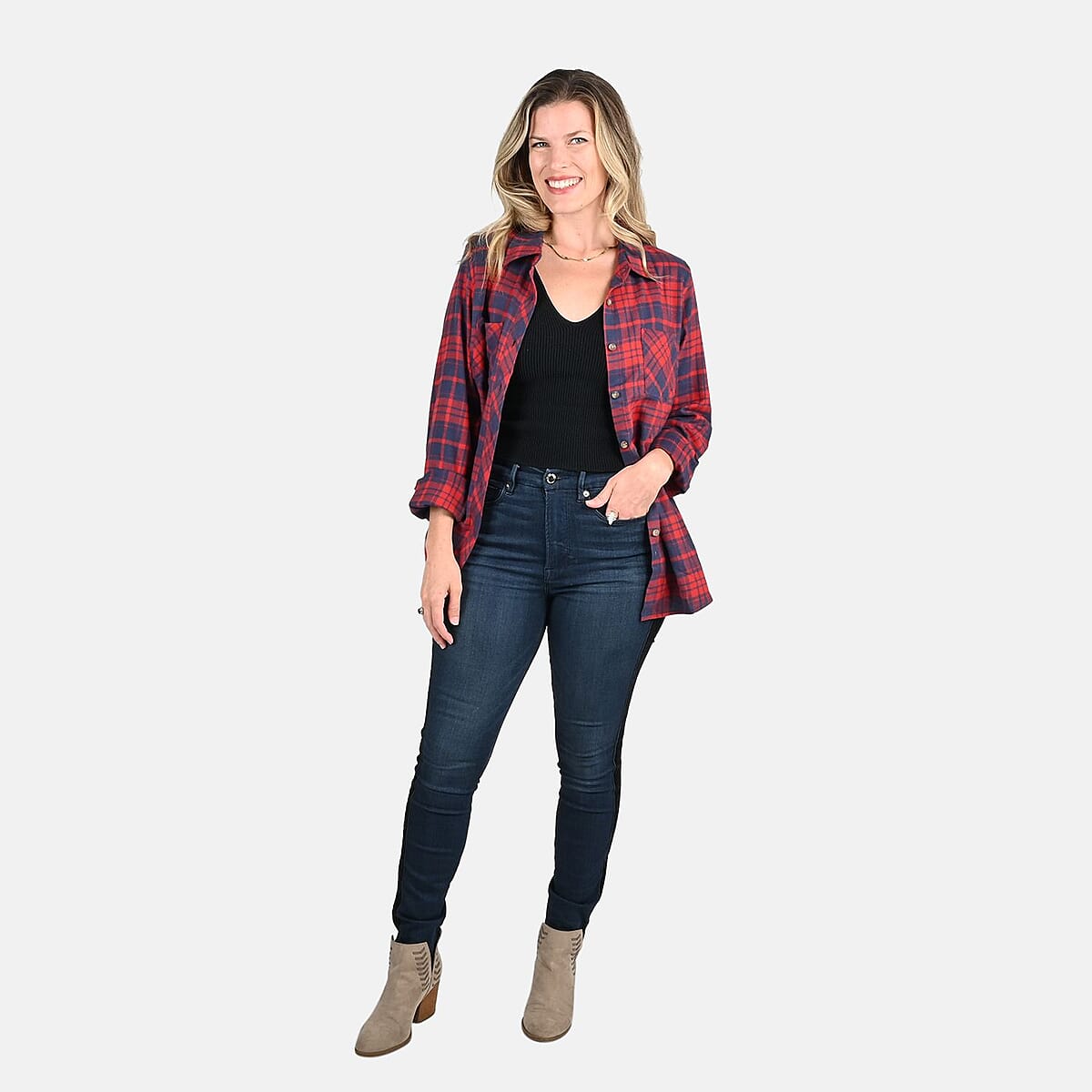 Victory Sportswear Navy and Red Plaid Pattern Cotton Flannel Shirt - S image number 3