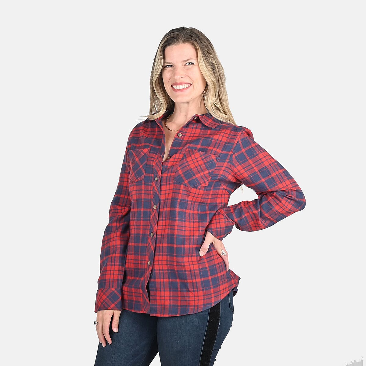 Victory Sportswear Navy and Red Plaid Pattern Cotton Flannel Shirt - S image number 4