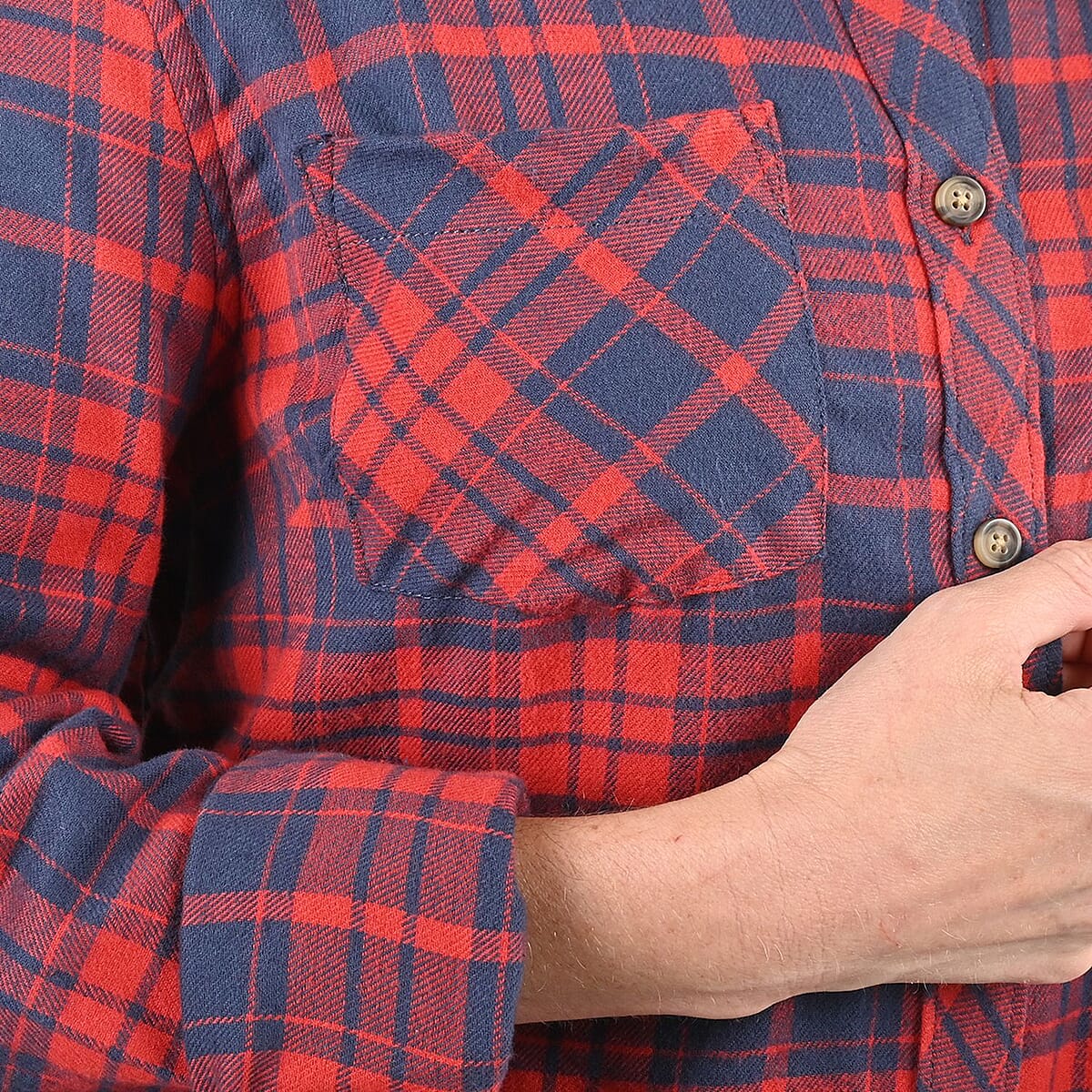 Victory Sportswear Navy and Red Plaid Pattern Cotton Flannel Shirt - S image number 5
