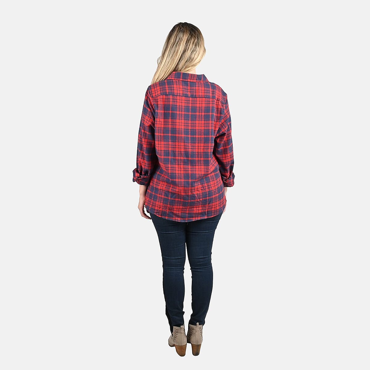 Victory Sportswear Navy and Red Plaid Pattern Cotton Flannel Shirt - M image number 1