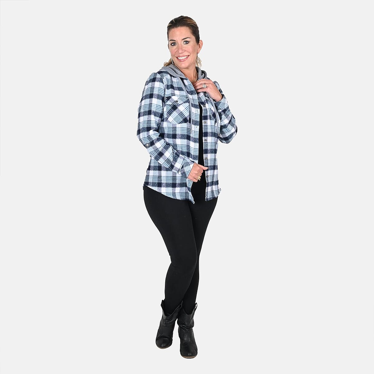 Victory Sportswear Blue and White Plaid Pattern Cotton Shirt with Fleece Hood -M image number 0