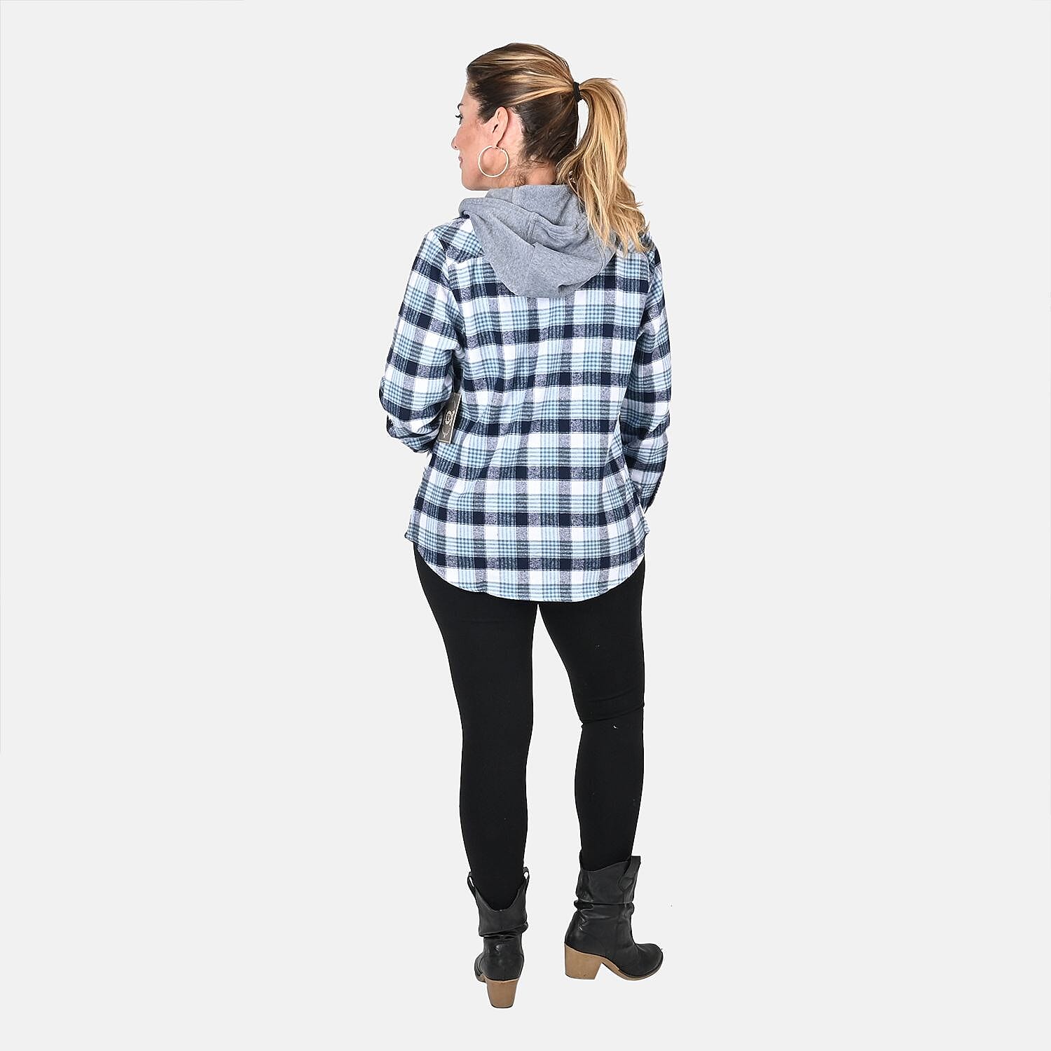 Victory Sportswear Blue and White Plaid Pattern Cotton Shirt with Fleece Hood -M