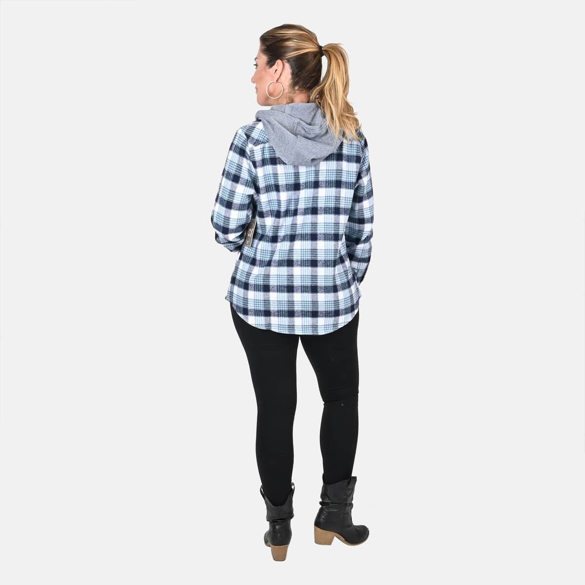 Victory Sportswear Blue and White Plaid Pattern Cotton Shirt with Fleece Hood -M image number 1