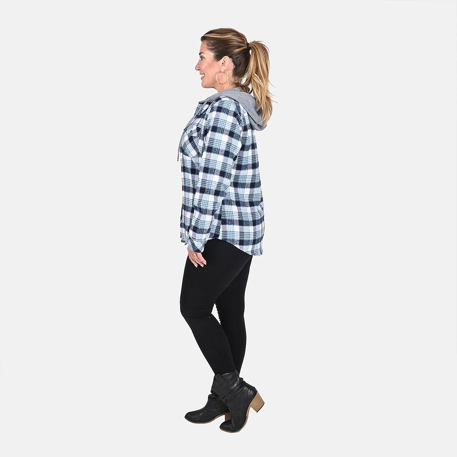 Victory Sportswear Blue and White Plaid Pattern Cotton Shirt with Fleece Hood -M