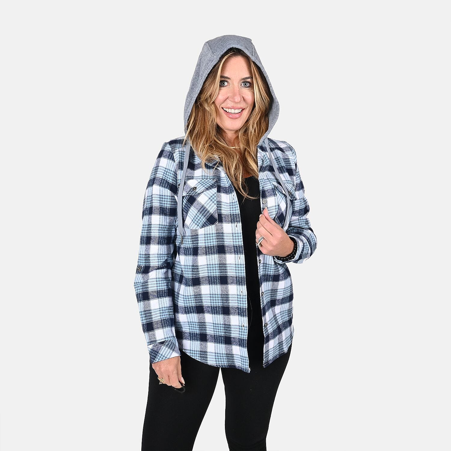 Victory Sportswear Blue and White Plaid Pattern Cotton Shirt with Fleece Hood -M