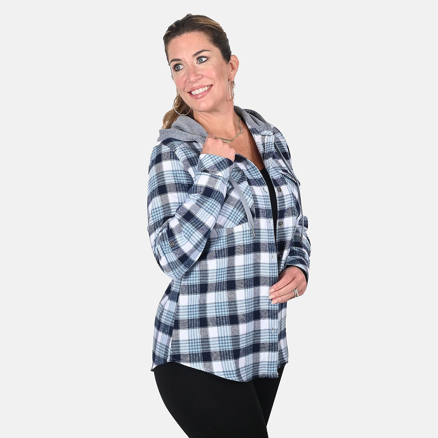 Victory Sportswear Blue and White Plaid Pattern Cotton Shirt with Fleece Hood -M