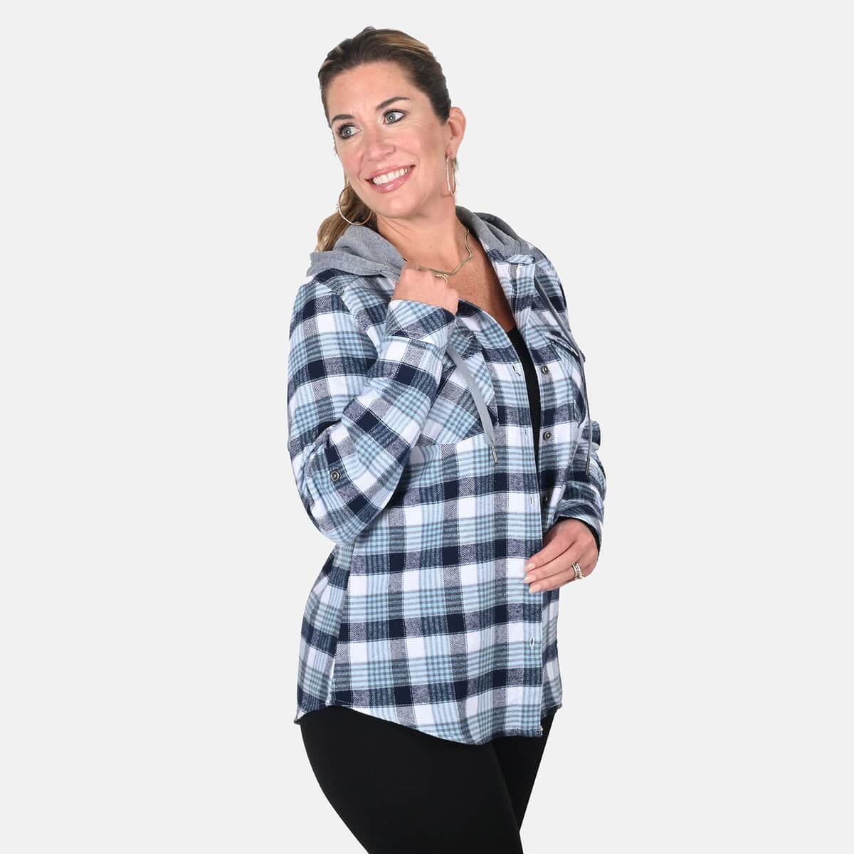 Victory Sportswear Blue and White Plaid Pattern Cotton Shirt with Fleece Hood -M image number 4