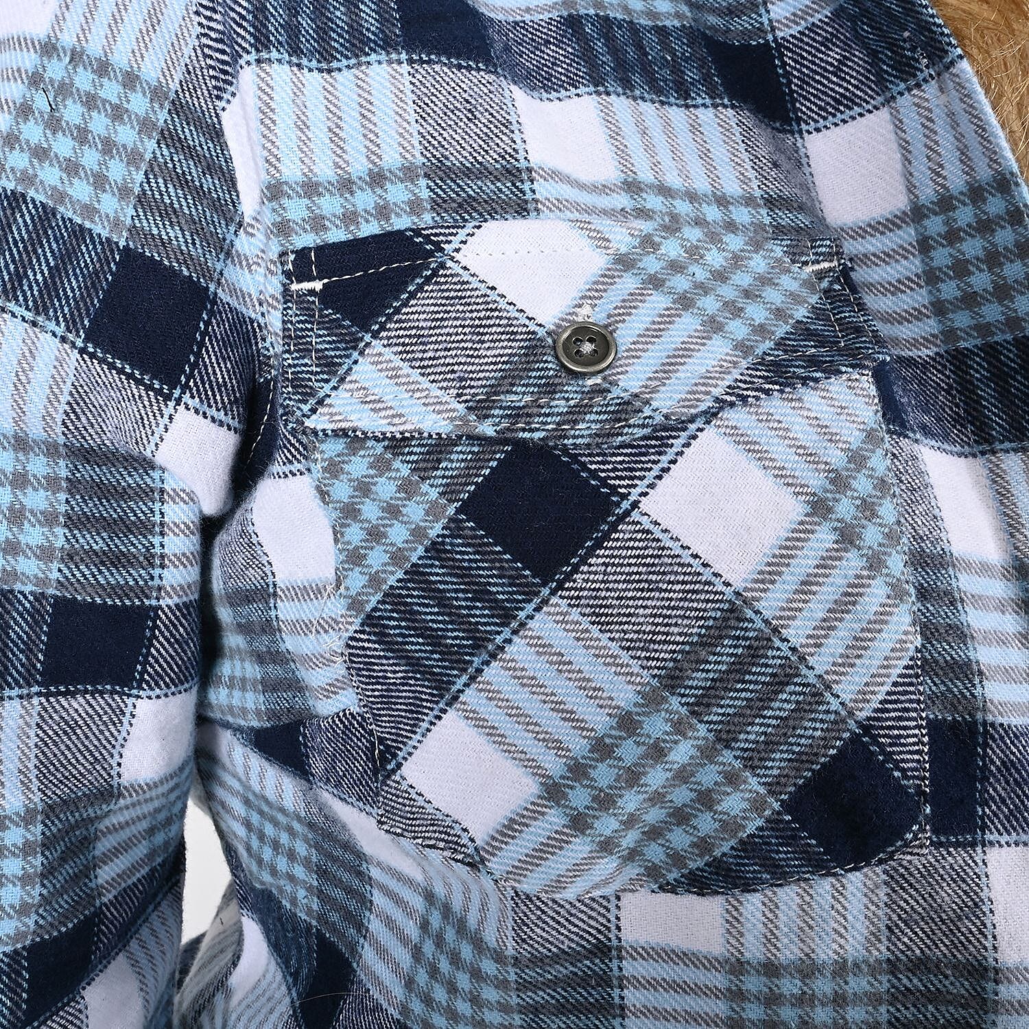 Victory Sportswear Blue and White Plaid Pattern Cotton Shirt with Fleece Hood -M