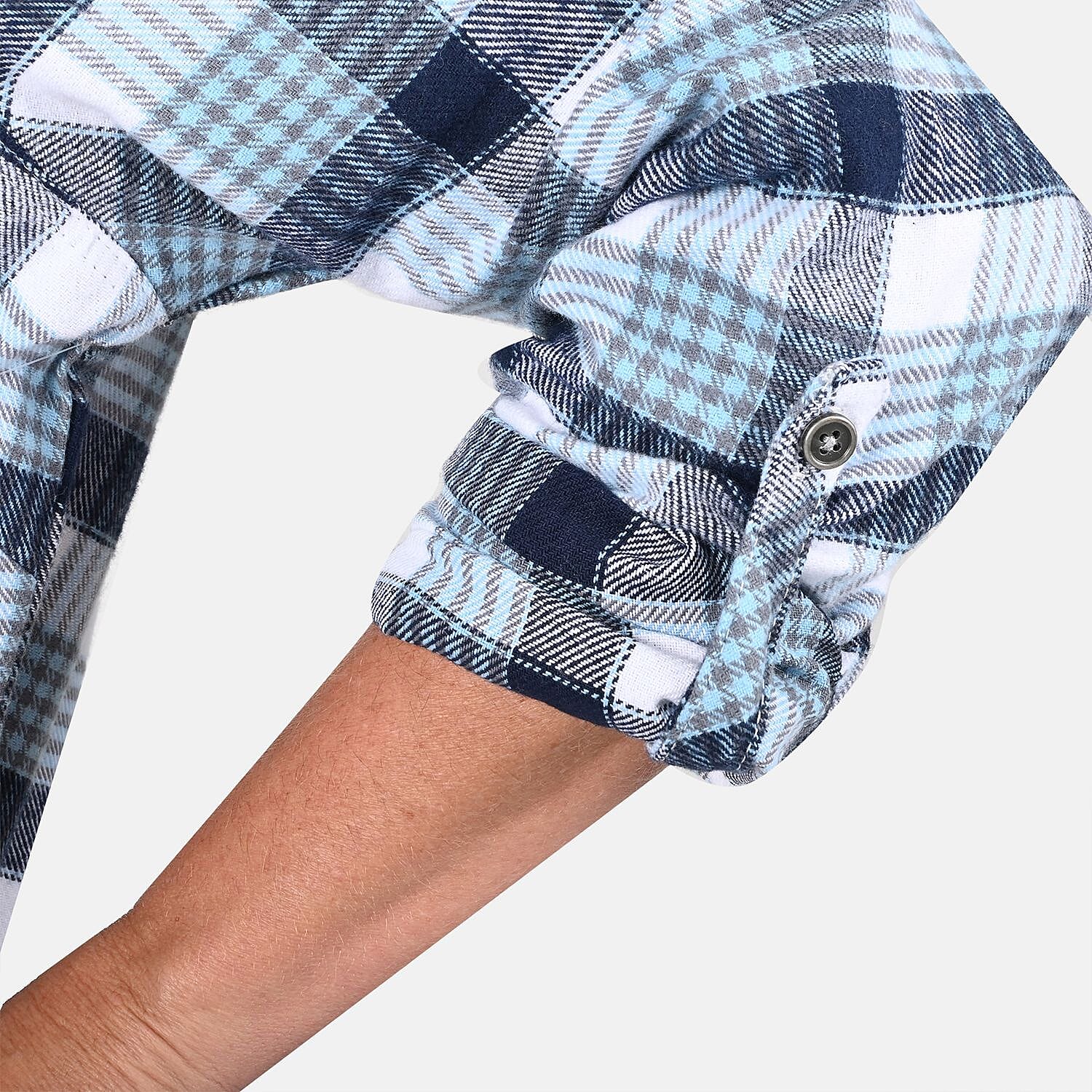 Victory Sportswear Blue and White Plaid Pattern Cotton Shirt with Fleece Hood -M